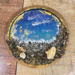 Handmade Ocean Resin Shell Pebbles Rocks Jewelry Tray Gold Flake Nature Boho
